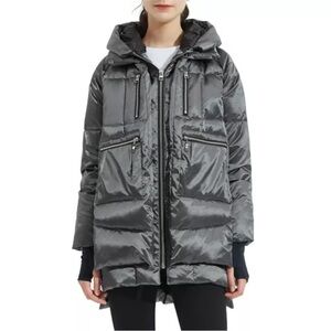 Womens Grey Hooded Puffer Coat